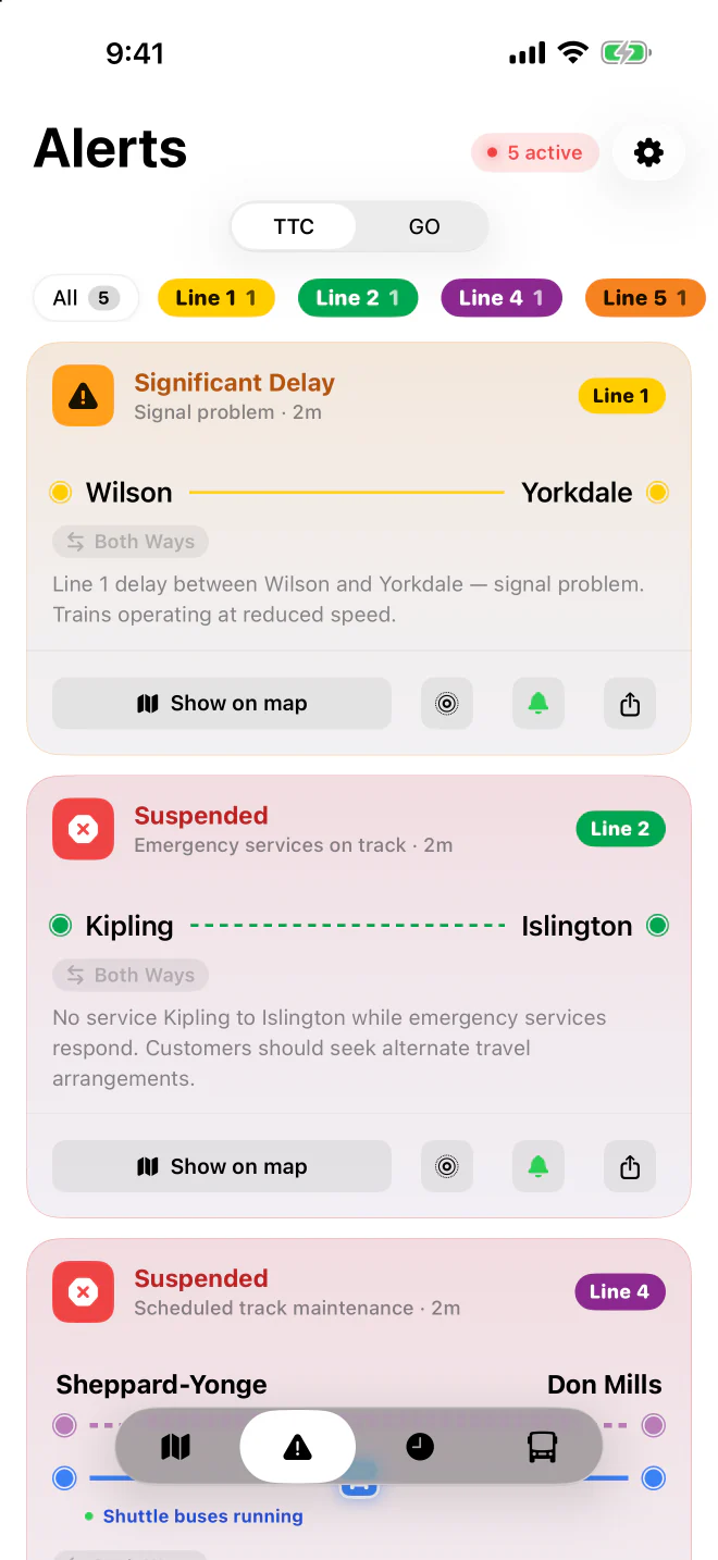 Alert cards in light mode: a significant delay on Line 1 between Wilson and Yorkdale, Line 2 suspended between Kipling and Islington, and Line 4 suspended between Sheppard-Yonge and Don Mills.