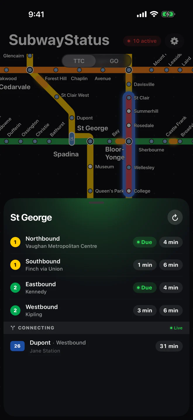 A station’s arrivals sheet in dark mode, with the next trains in each direction.