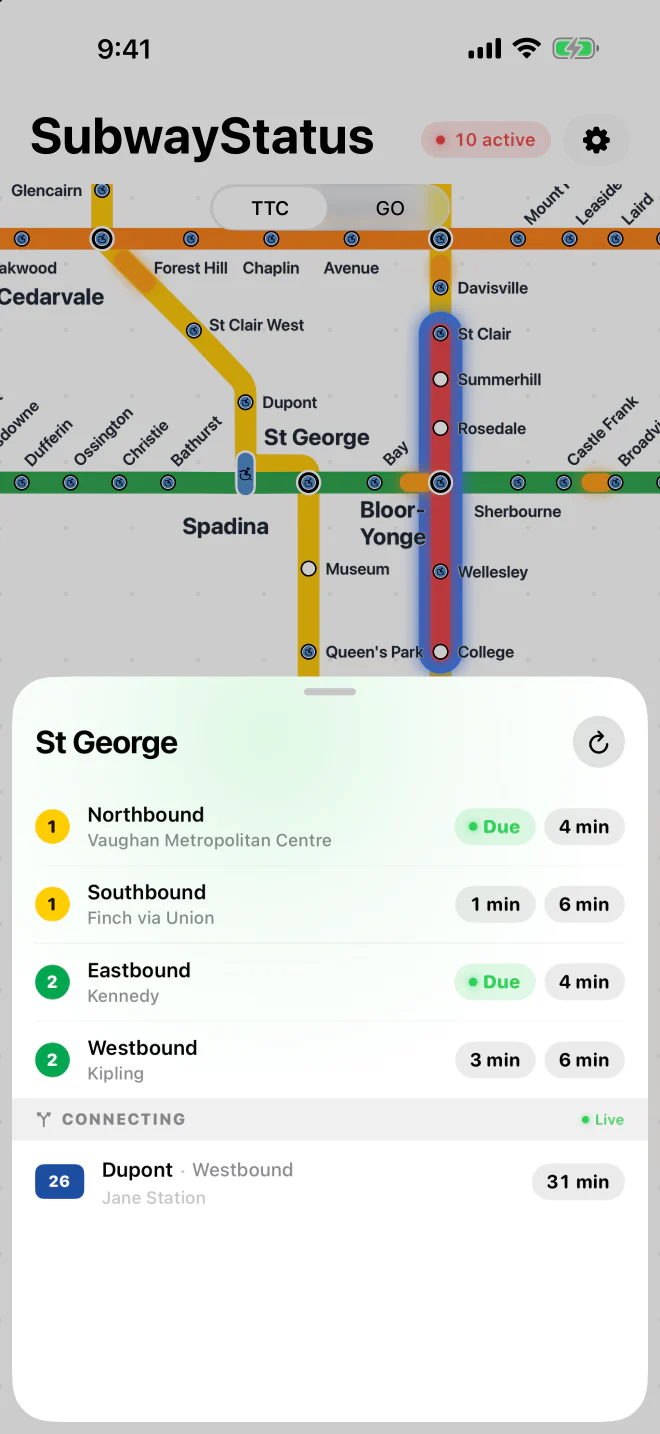 A station’s arrivals sheet in light mode, with the next trains in each direction.