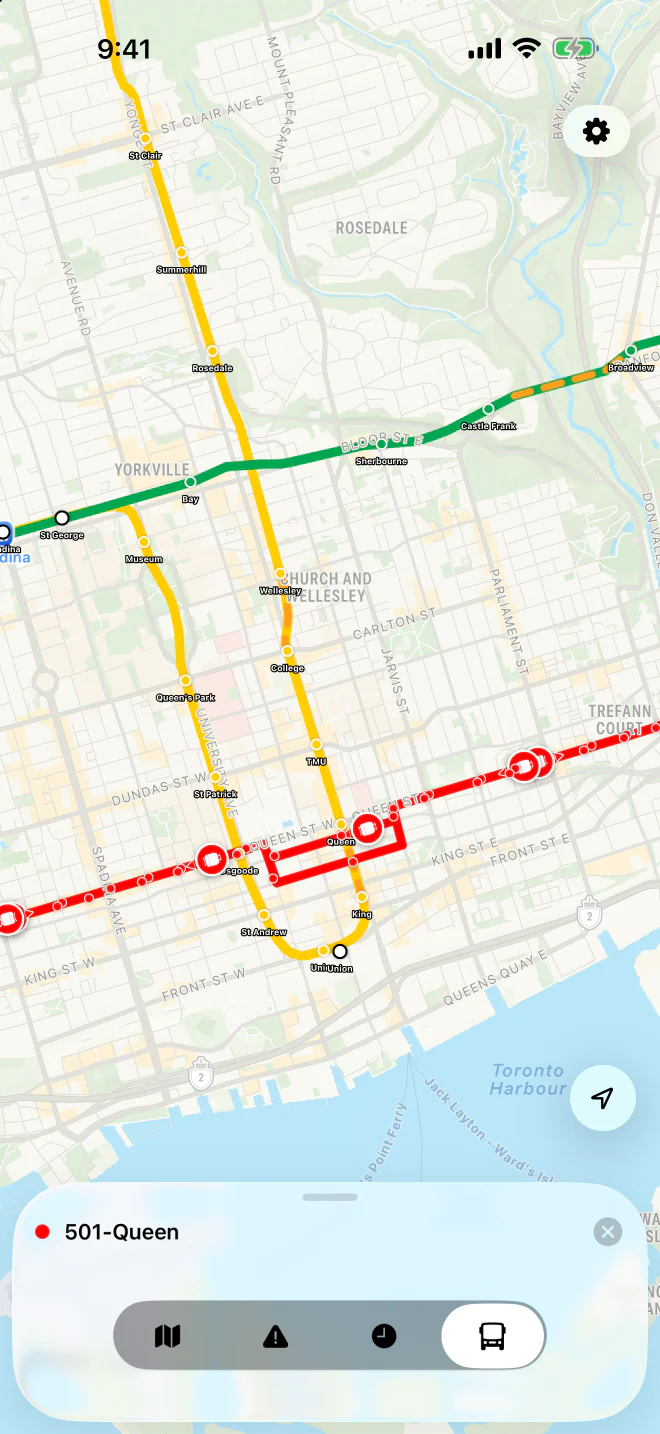 501 Queen streetcars shown as red markers along Queen Street on a light map of downtown Toronto.