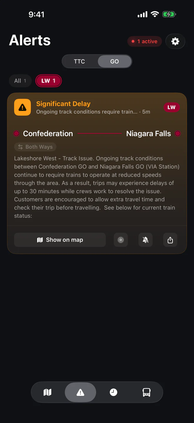 GO alerts in dark mode, filtered to Lakeshore West with its line chip: a significant delay between Confederation and Niagara Falls, both ways, for track conditions.