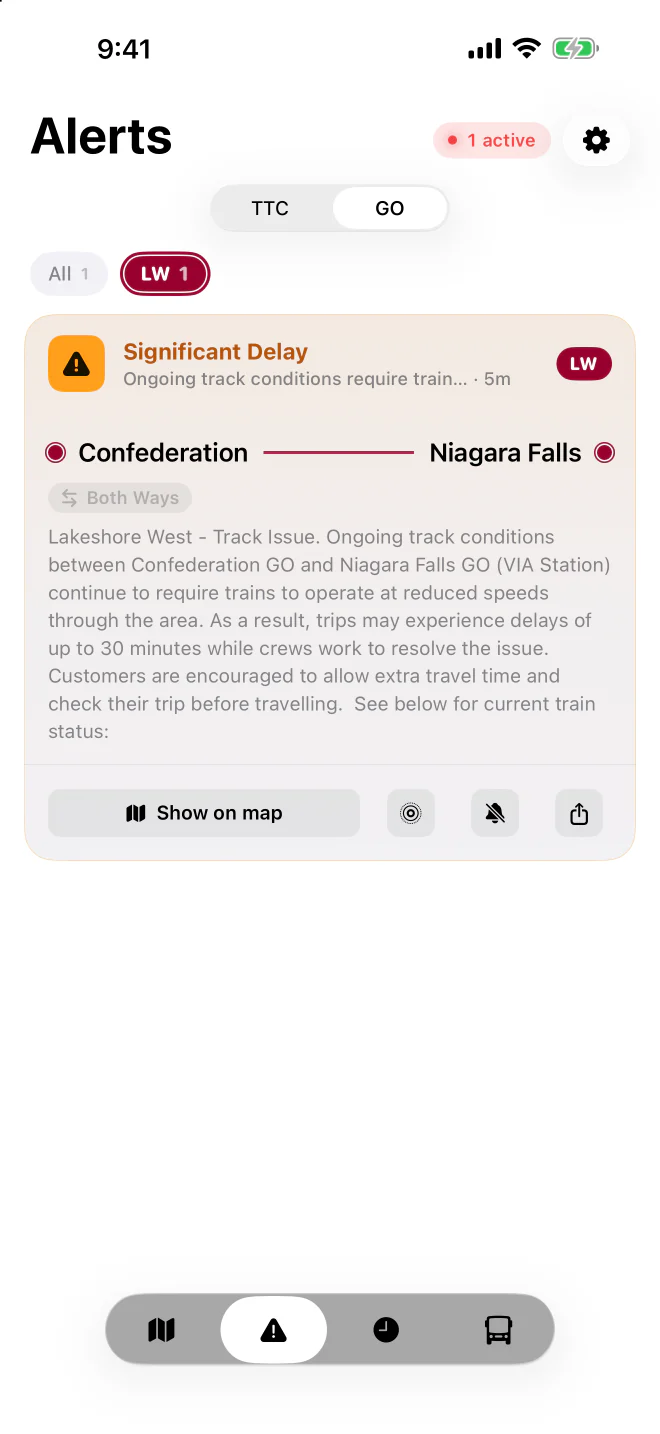 GO alerts in light mode, filtered to Lakeshore West with its line chip: a significant delay between Confederation and Niagara Falls, both ways, for track conditions.