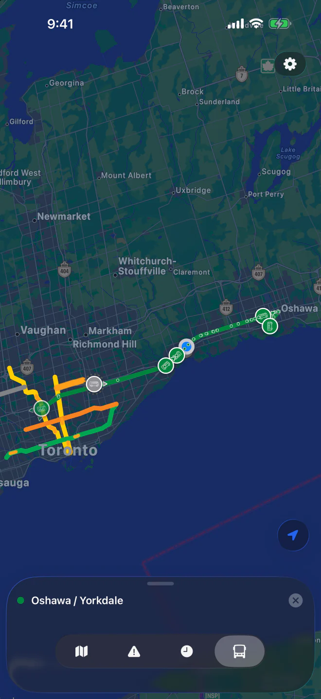 A GO bus route on the map in dark mode, with its buses shown live along the route.