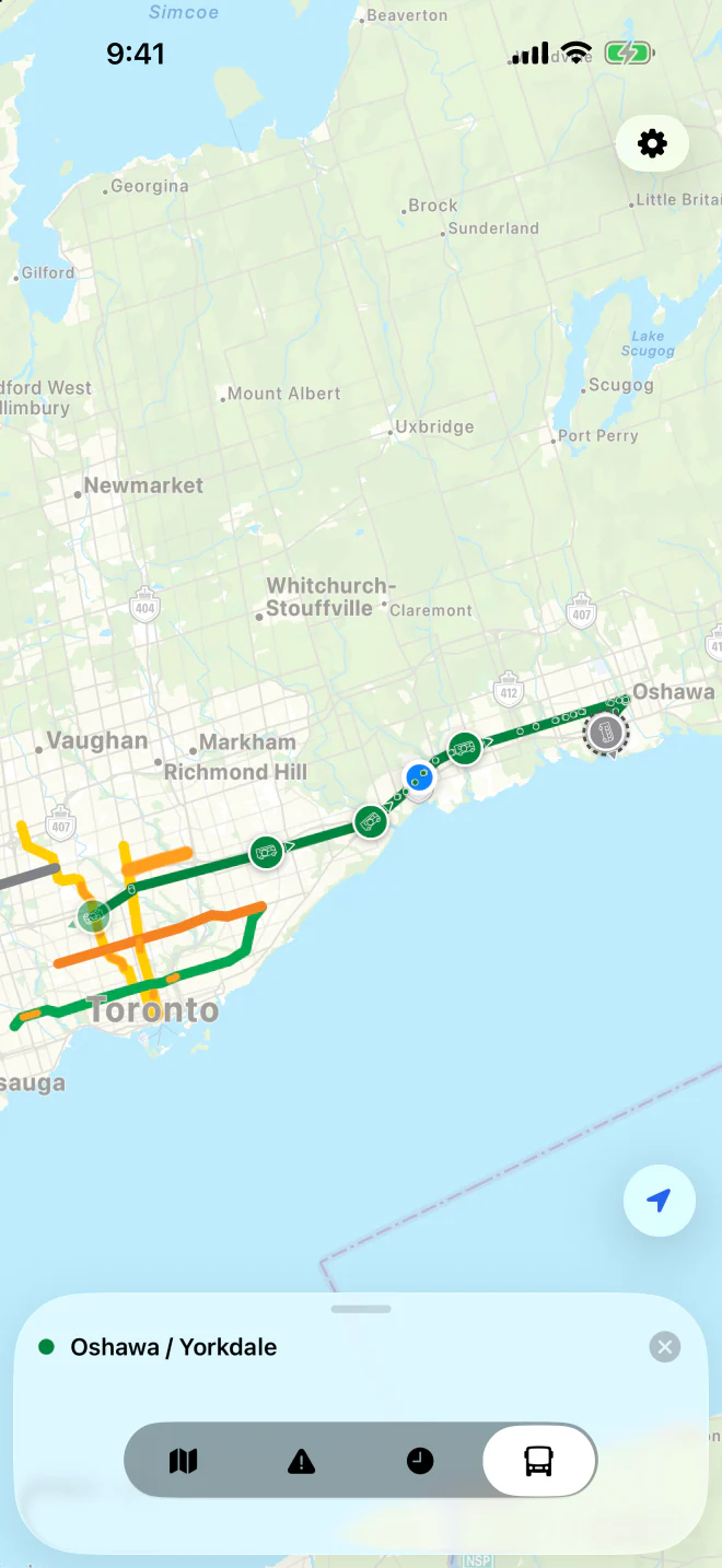 A GO bus route on the map in light mode, with its buses shown live along the route.