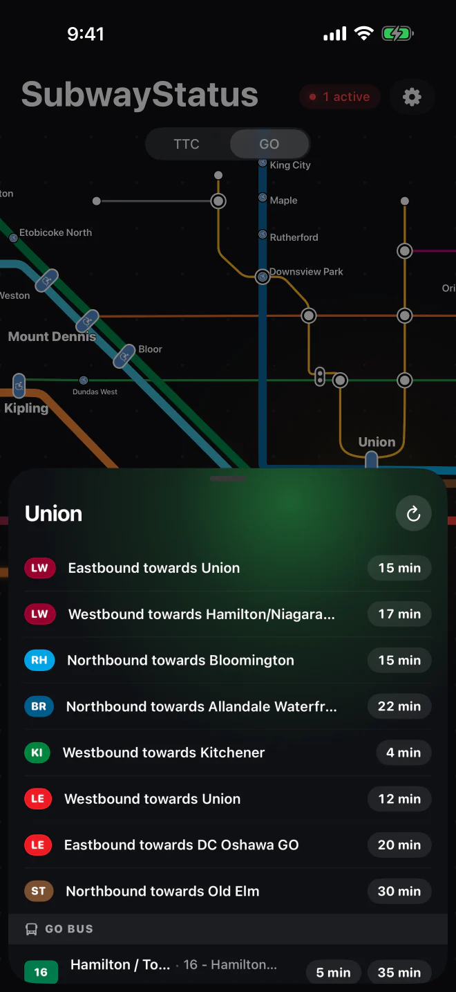 The Union departures sheet over the GO map in dark mode: the next train on each GO line and direction, in minutes, then the GO buses that stop there.