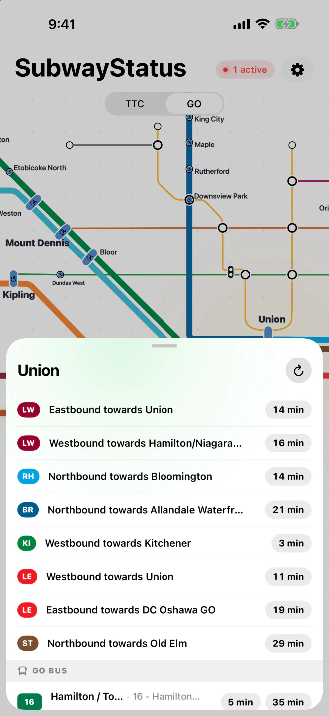 The Union departures sheet over the GO map in light mode: the next train on each GO line and direction, in minutes, then the GO buses that stop there.