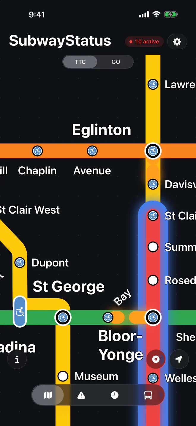 SubwayStatus map in dark mode, zoomed in on Eglinton, St George and Bloor-Yonge.