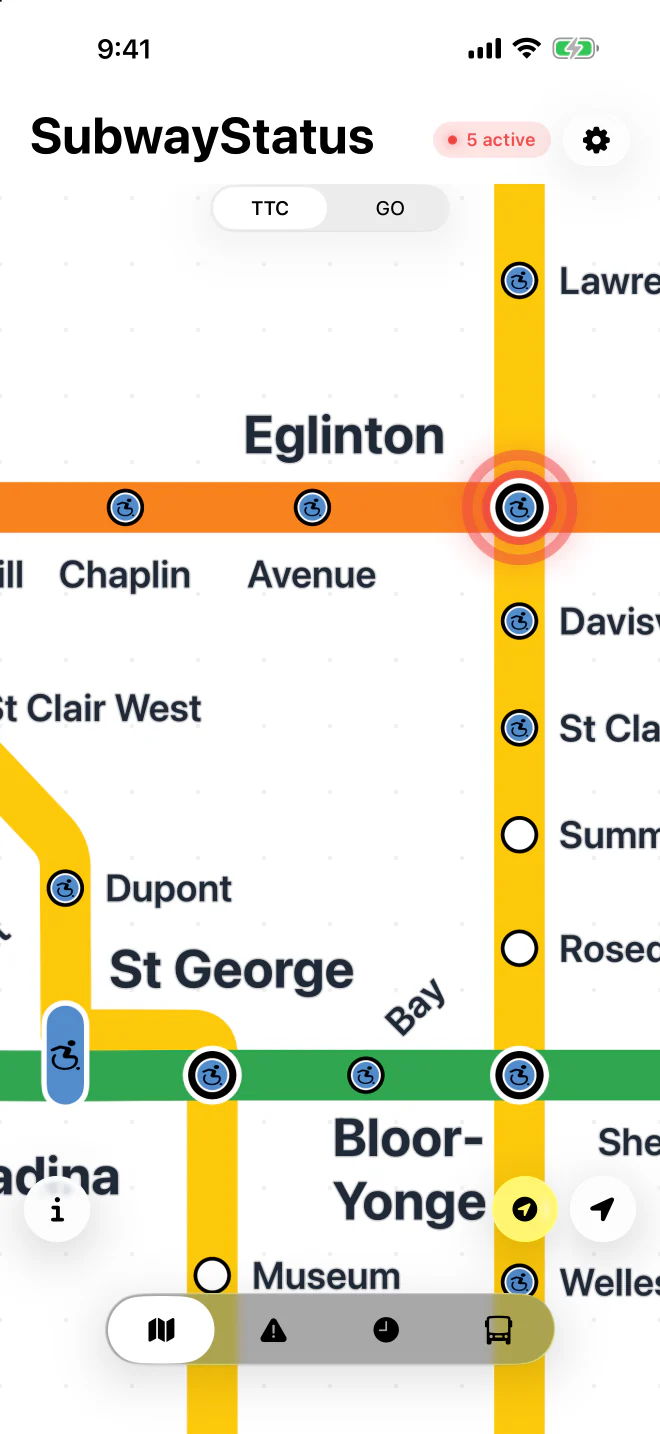 SubwayStatus map in light mode, zoomed in on Eglinton, St George and Bloor-Yonge.