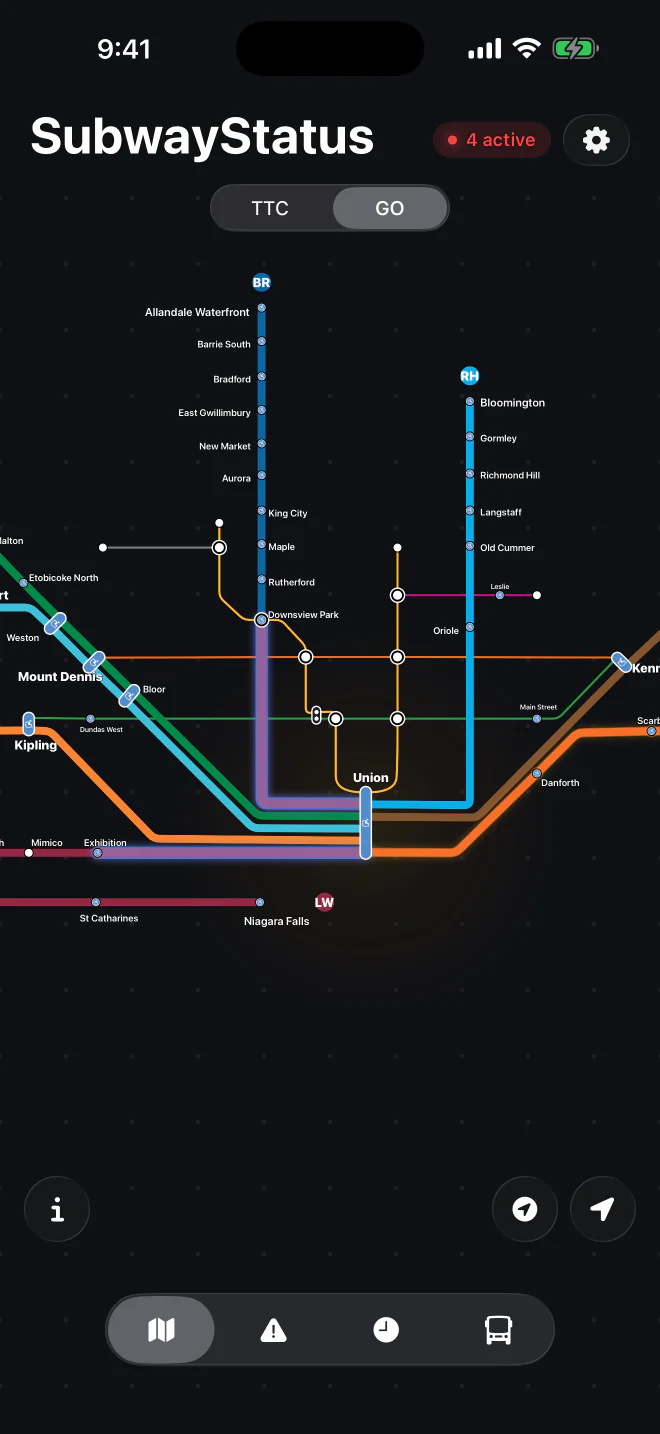 GO Transit and UP Express network map in the SubwayStatus app, in dark mode.