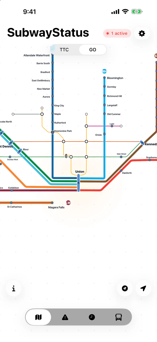 GO Transit and UP Express network map in the SubwayStatus app, in light mode.