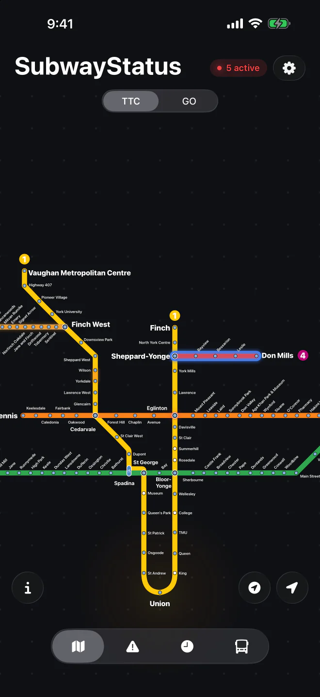 SubwayStatus TTC subway map in dark mode, with Line 4 highlighted in red between Sheppard-Yonge and Don Mills.