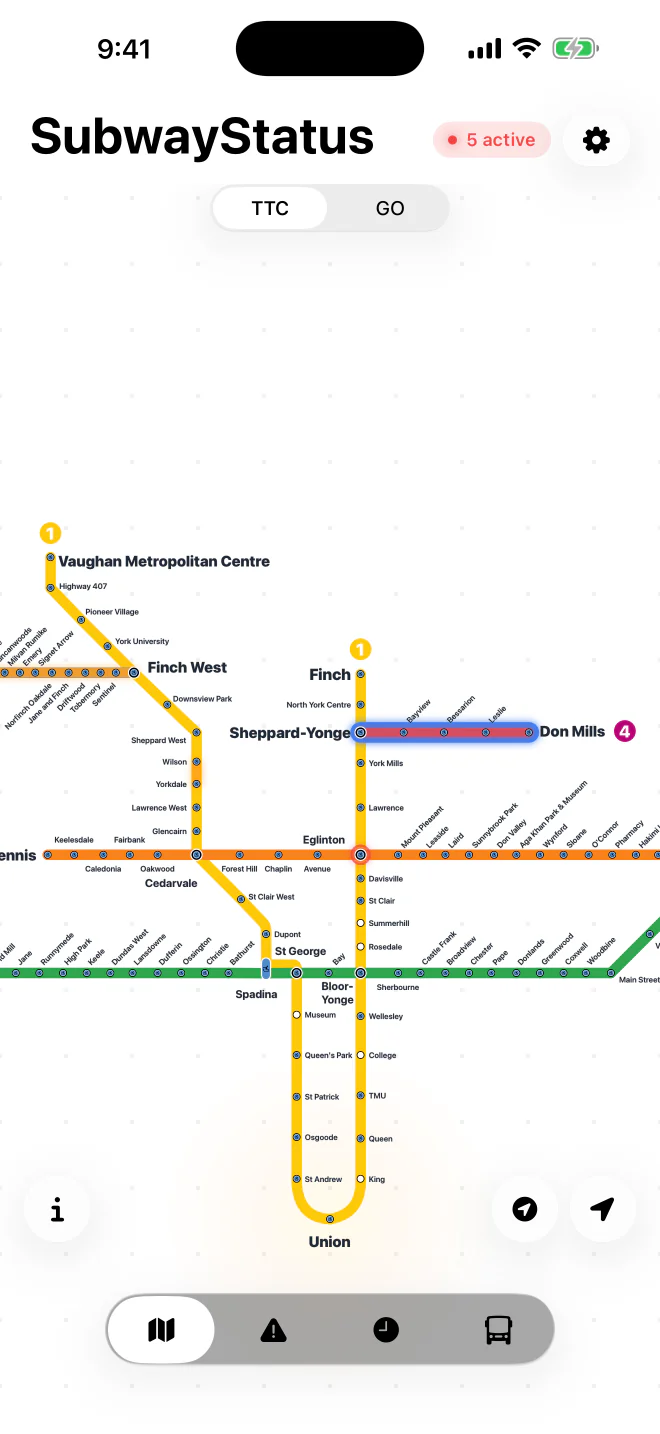 SubwayStatus TTC subway map in light mode, with Line 4 highlighted in red between Sheppard-Yonge and Don Mills.