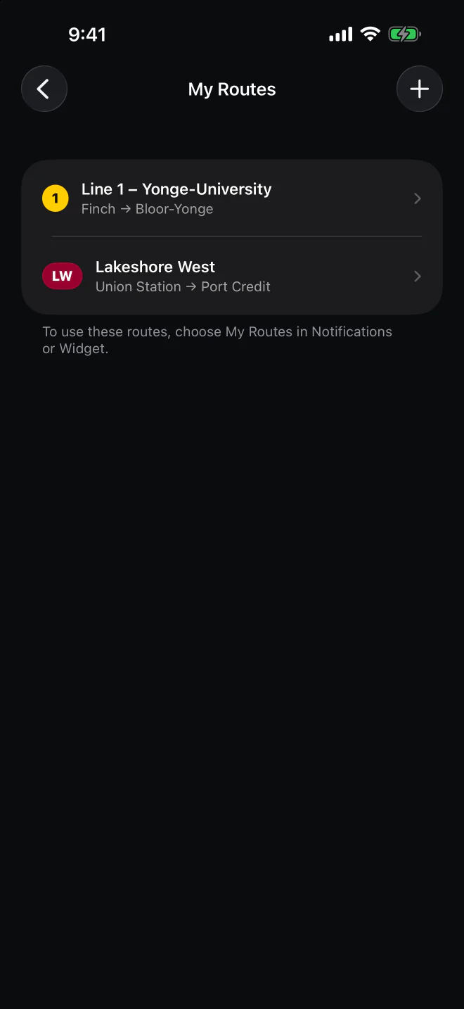 My Routes in dark mode, with two saved trips: Line 1 from Finch to Bloor-Yonge, and Lakeshore West from Union Station to Port Credit.