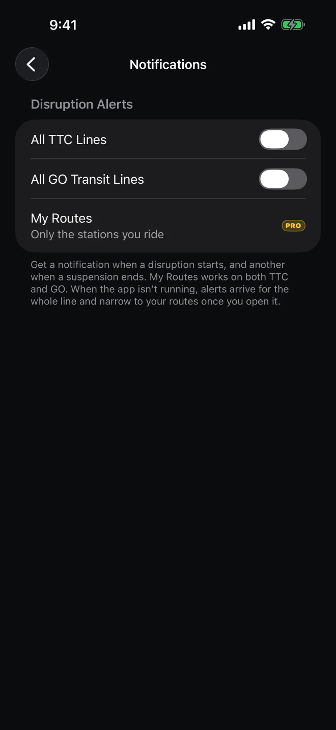 Notification settings in dark mode: switches for All TTC Lines and All GO Transit Lines, and My Routes for only the stations you ride.