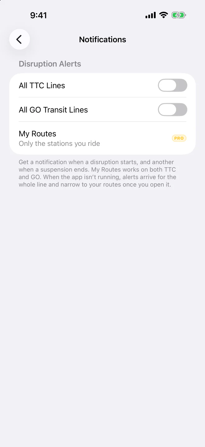 Notification settings in light mode: switches for All TTC Lines and All GO Transit Lines, and My Routes for only the stations you ride.