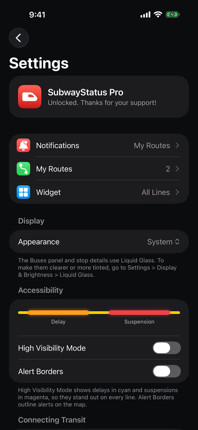 The Accessibility section of SubwayStatus Settings in dark mode, with a Delay and Suspension legend and switches for High Visibility Mode and Alert Borders.