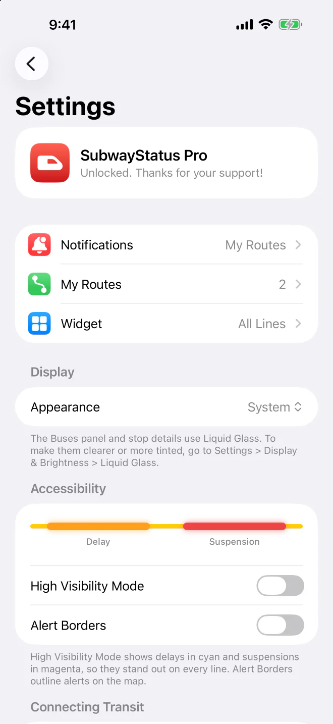 The Accessibility section of SubwayStatus Settings in light mode, with a Delay and Suspension legend and switches for High Visibility Mode and Alert Borders.