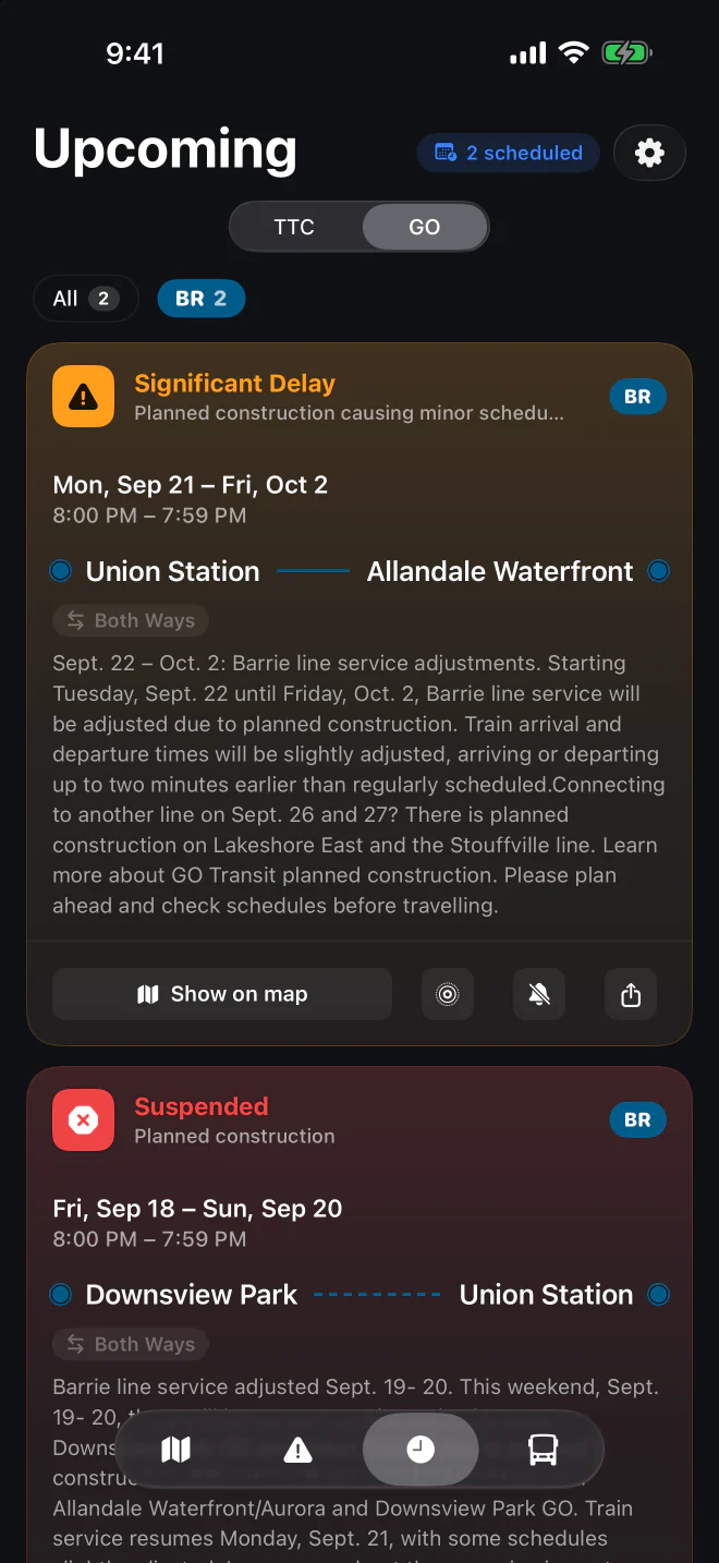 Upcoming tab in dark mode, listing planned GO Transit closures with dates and times.