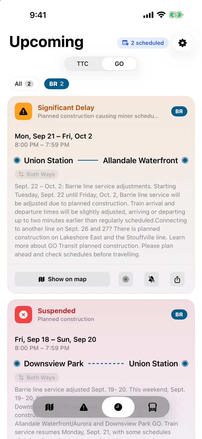 Upcoming tab in light mode, listing planned GO Transit closures with dates and times.