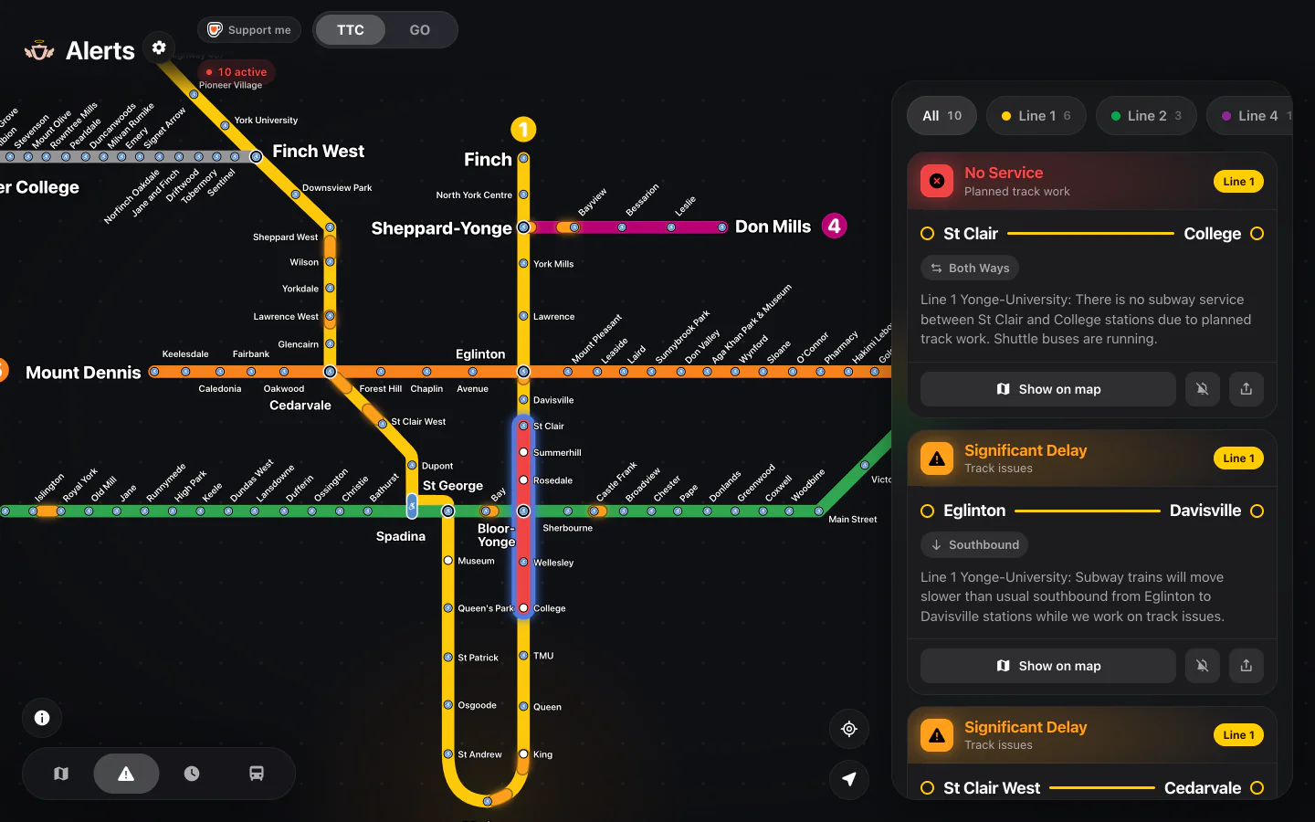 SubwayStatus in a desktop browser: the TTC map with active alerts drawn on their stretches of track, and the alerts panel beside it.