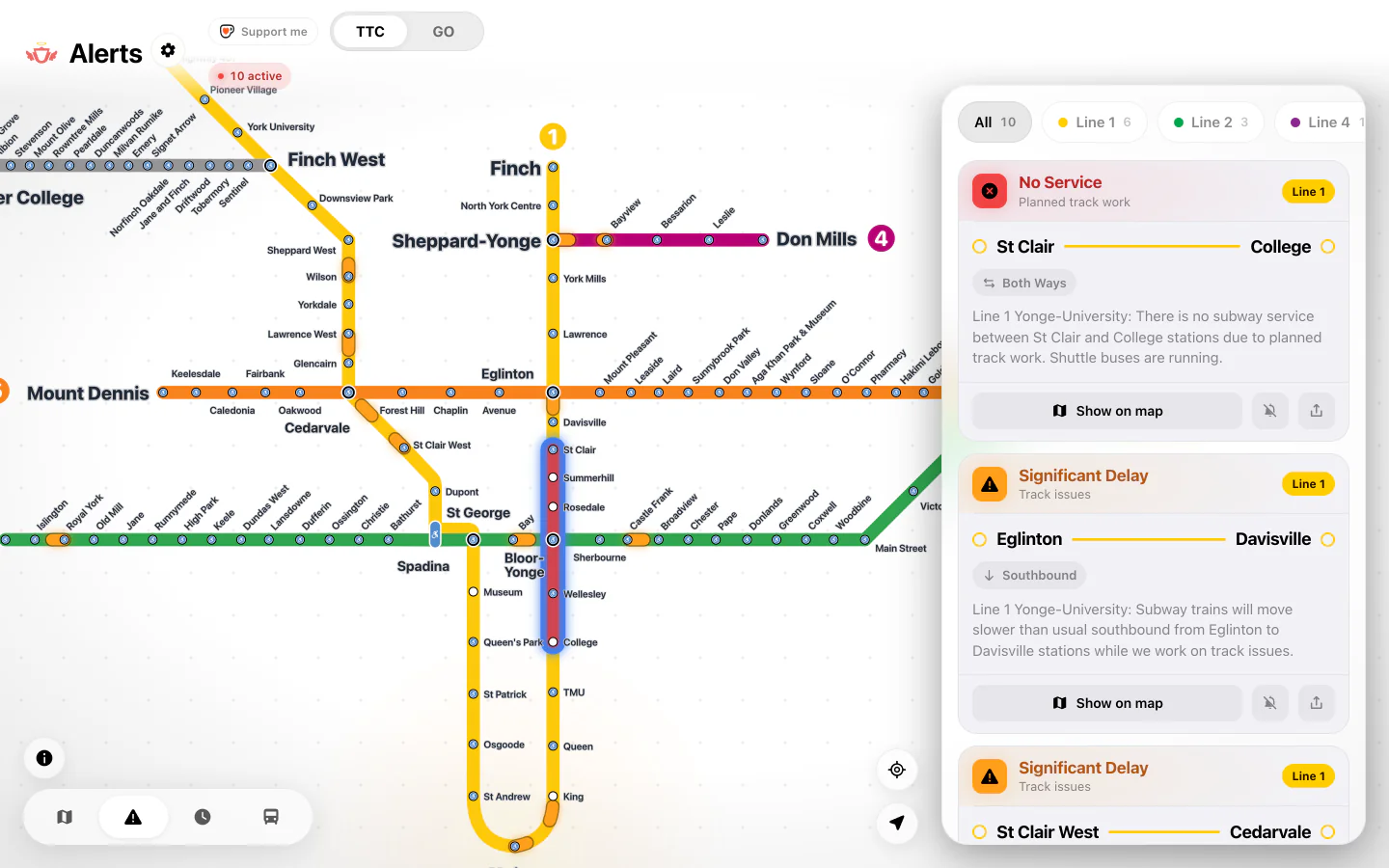 SubwayStatus in a desktop browser: the TTC map with active alerts drawn on their stretches of track, and the alerts panel beside it.