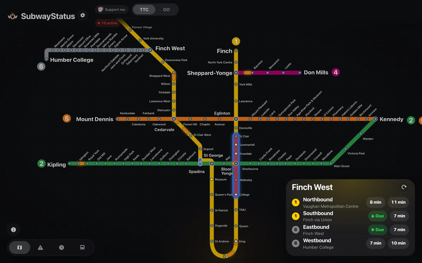 The Finch West arrivals panel open on the TTC map in a desktop browser: the next trains each way on Line 1 and Line 6, in minutes.
