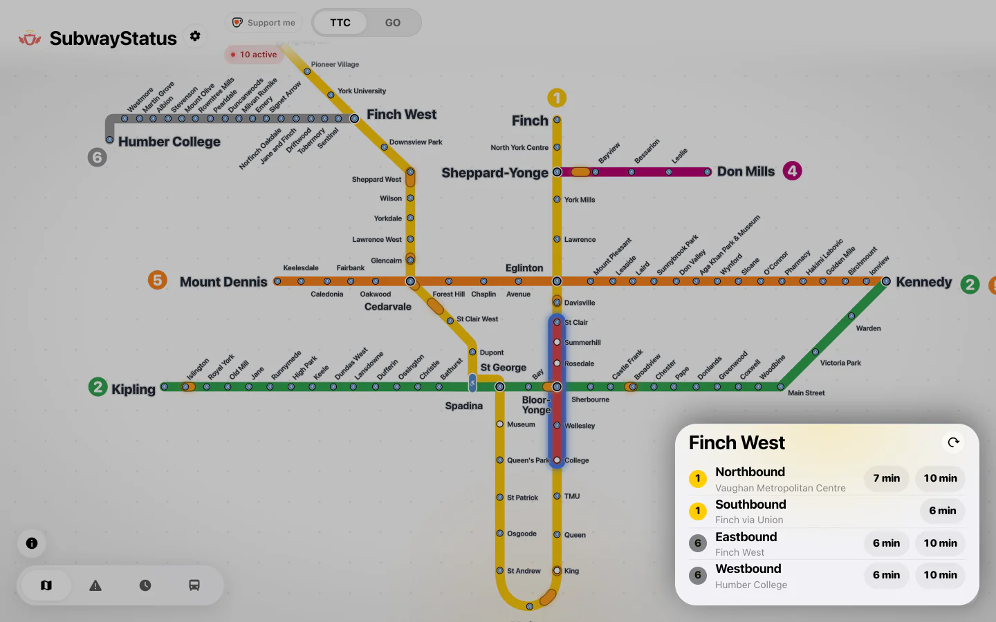 The Finch West arrivals panel open on the TTC map in a desktop browser: the next trains each way on Line 1 and Line 6, in minutes.