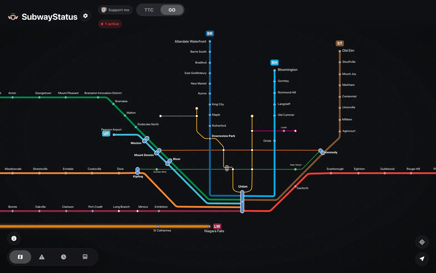 The GO Transit network map in a desktop browser.