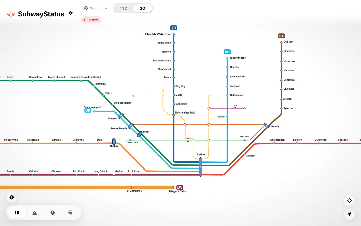 The GO Transit network map in a desktop browser.