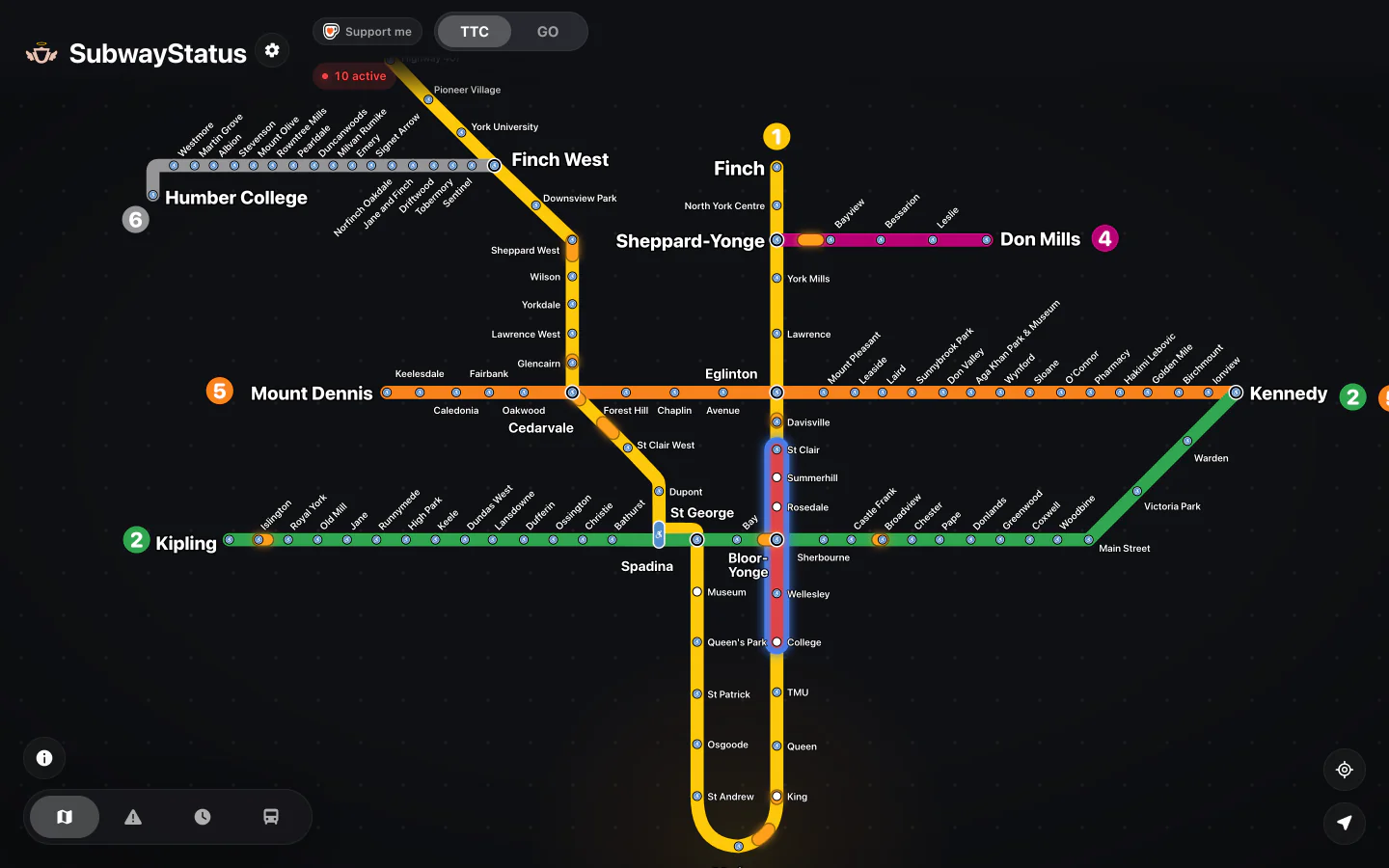 The full TTC subway map in a desktop browser, with disruptions highlighted on the lines they affect.
