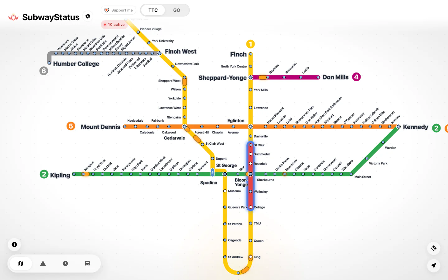 The full TTC subway map in a desktop browser, with disruptions highlighted on the lines they affect.