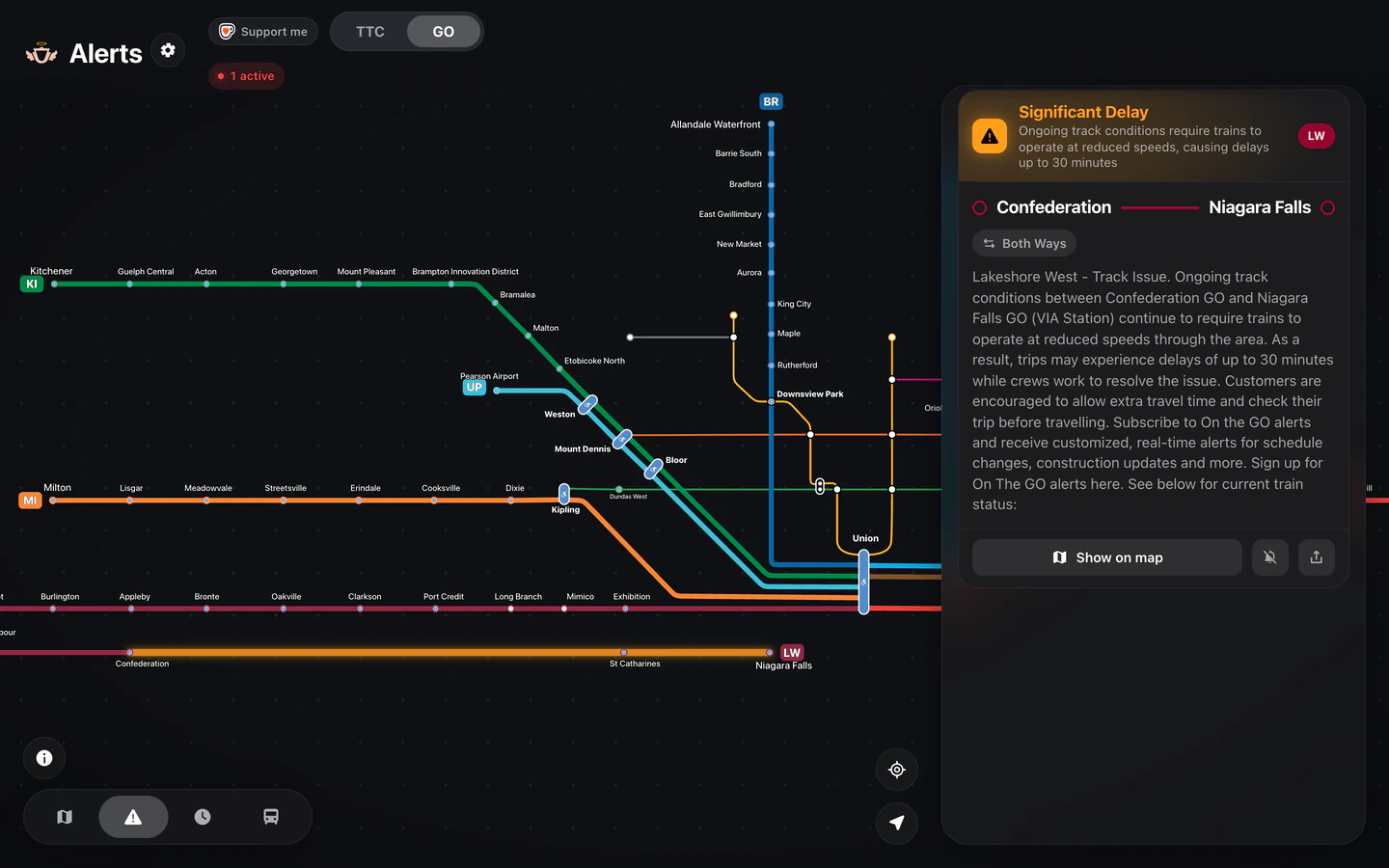 A GO alert open in a desktop browser: a significant delay on Lakeshore West between Confederation and Niagara Falls, both ways, drawn on the map beside it.