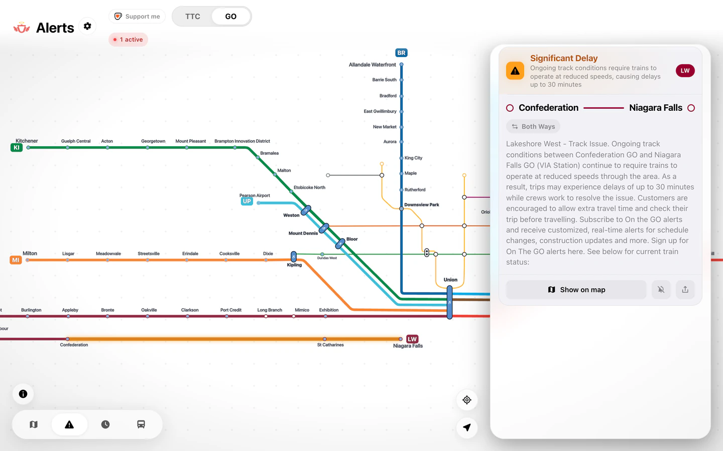 A GO alert open in a desktop browser: a significant delay on Lakeshore West between Confederation and Niagara Falls, both ways, drawn on the map beside it.