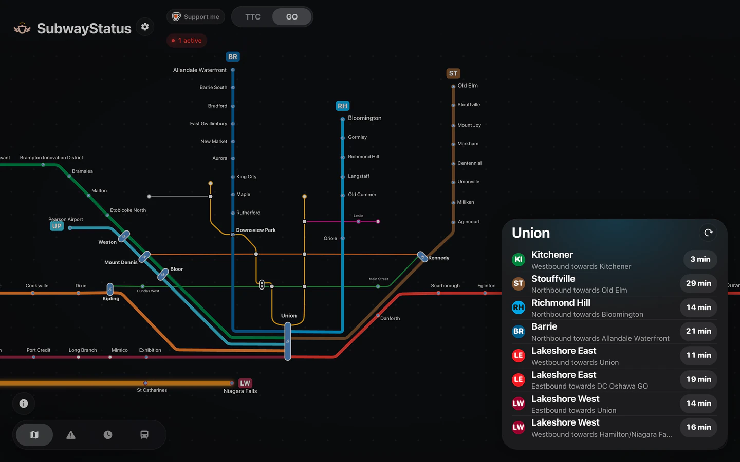The Union departures panel open on the GO map in a desktop browser: the next train on each GO line and direction, in minutes.