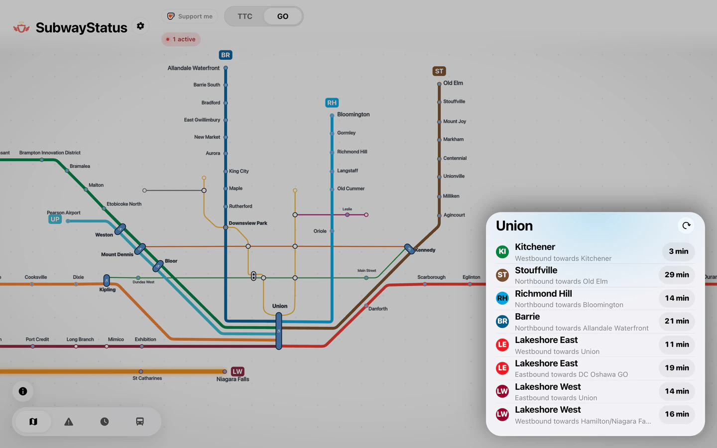 The Union departures panel open on the GO map in a desktop browser: the next train on each GO line and direction, in minutes.