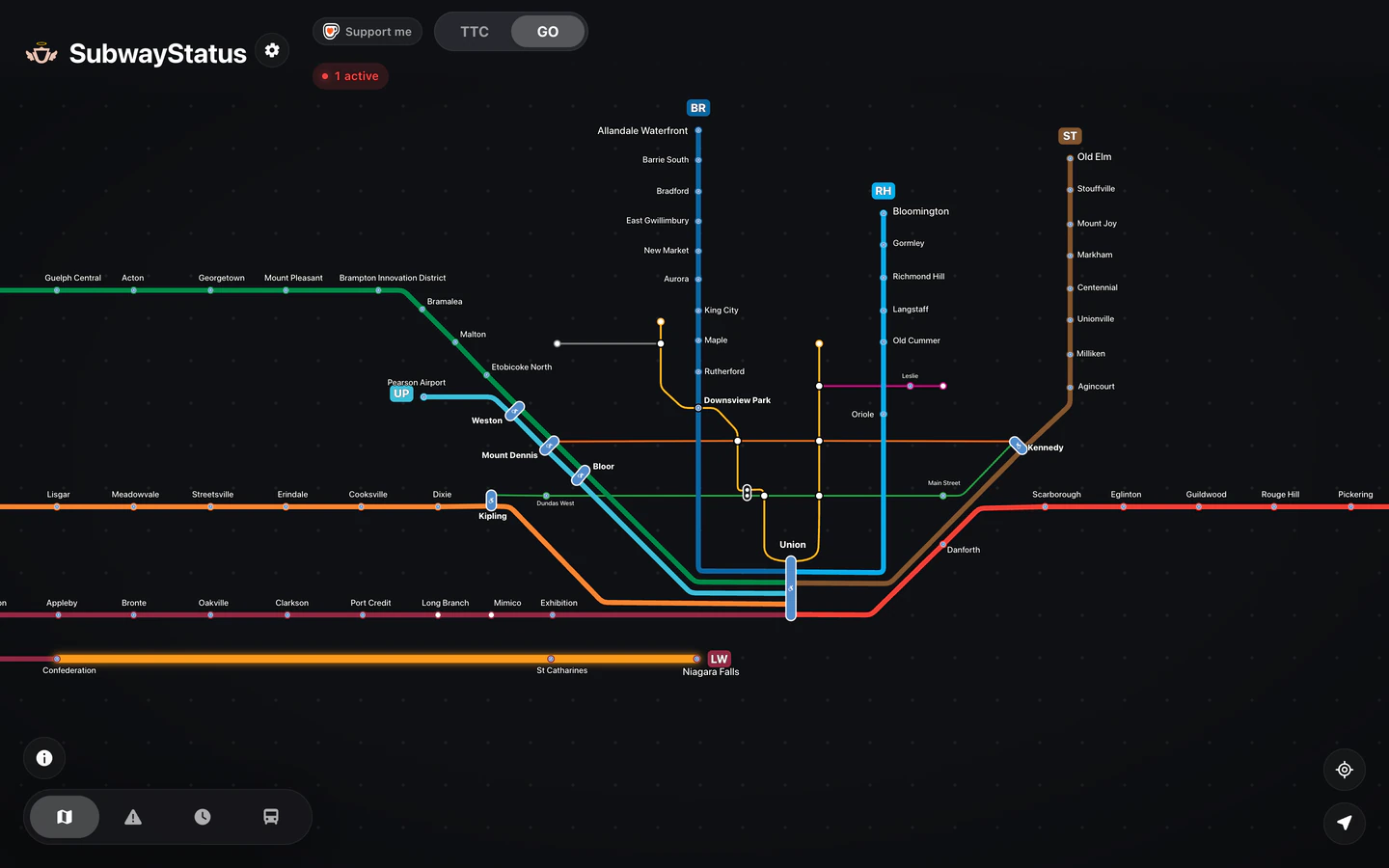 The GO Transit map in a desktop browser, with the day’s disruptions on the stretches of line they affect.
