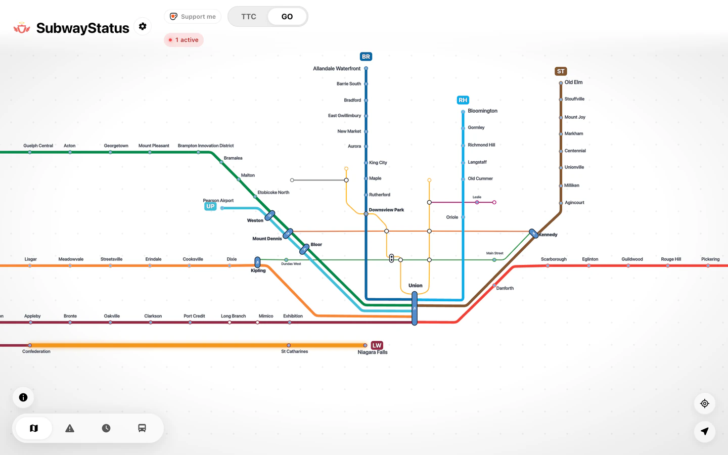 The GO Transit map in a desktop browser, with the day’s disruptions on the stretches of line they affect.