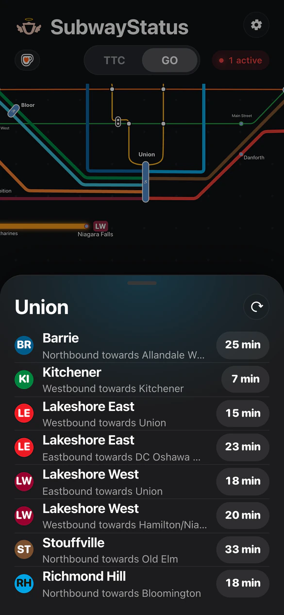 SubwayStatus in a phone browser: the GO map with the Union departures sheet open, listing the next train on each line.