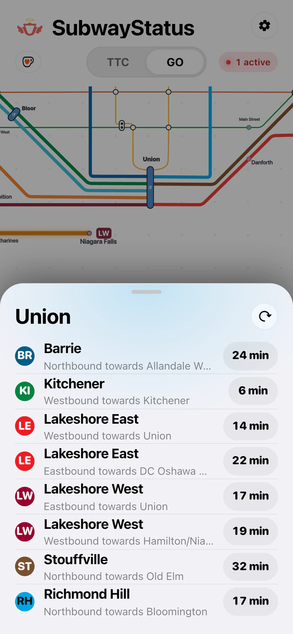 SubwayStatus in a phone browser: the GO map with the Union departures sheet open, listing the next train on each line.
