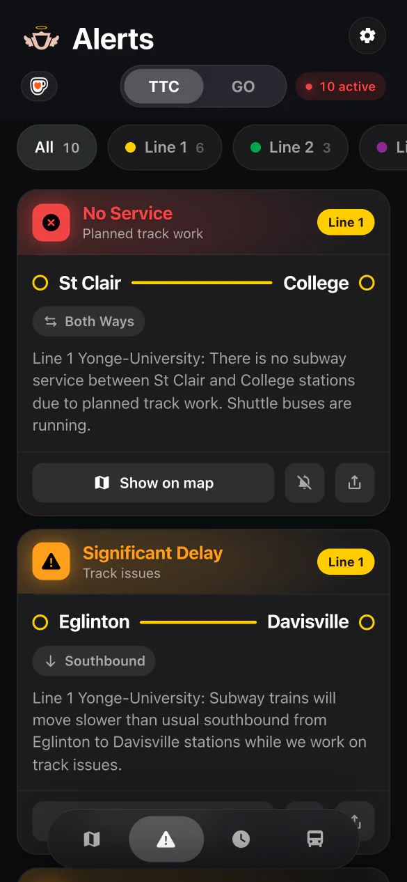SubwayStatus in a phone browser: the alerts list, with each disruption’s line, stretch and direction.