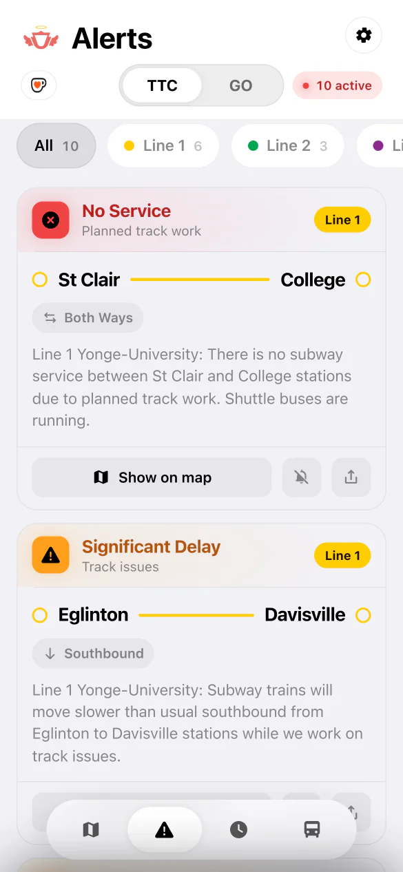 SubwayStatus in a phone browser: the alerts list, with each disruption’s line, stretch and direction.